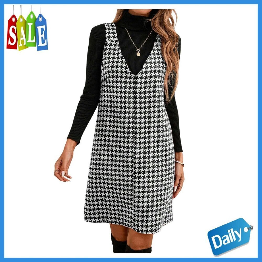Sleeveless Houndstooth Pinafore Dress - Polyester Casual Short Overall